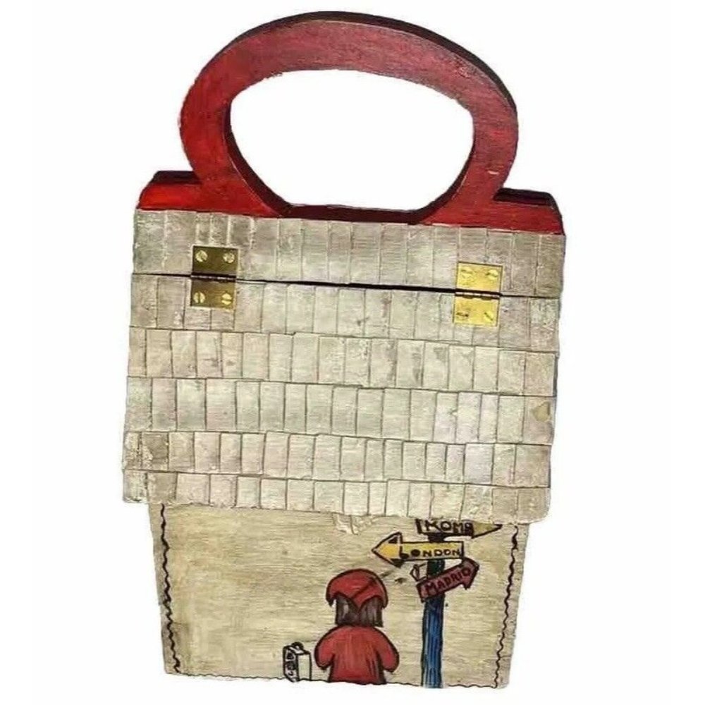 Vtg 1970 Red Tan Wooden Purse Hand Painted Farmhouse Cottagecore School Teacher